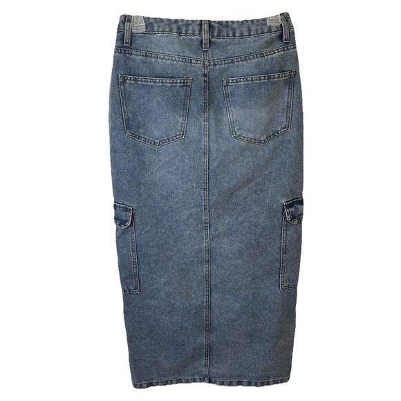 Love Fire Denim Cargo Skirt Size 5 Front Slit Pockets Blue Medium Wash Midi Maxi - Picture 3 of 8